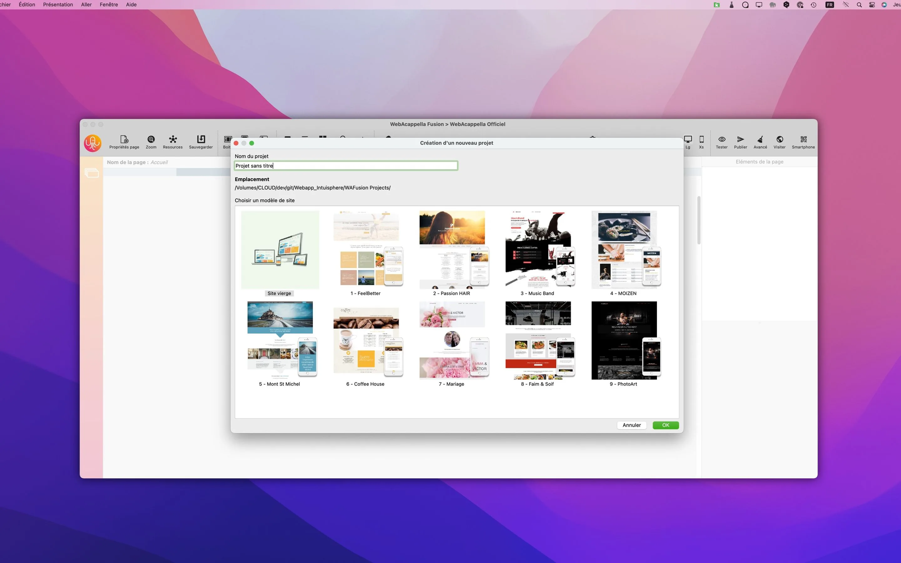L’éditeur WebAcappella Fusion sur un Mac, au moment de choisir un modèle de site.