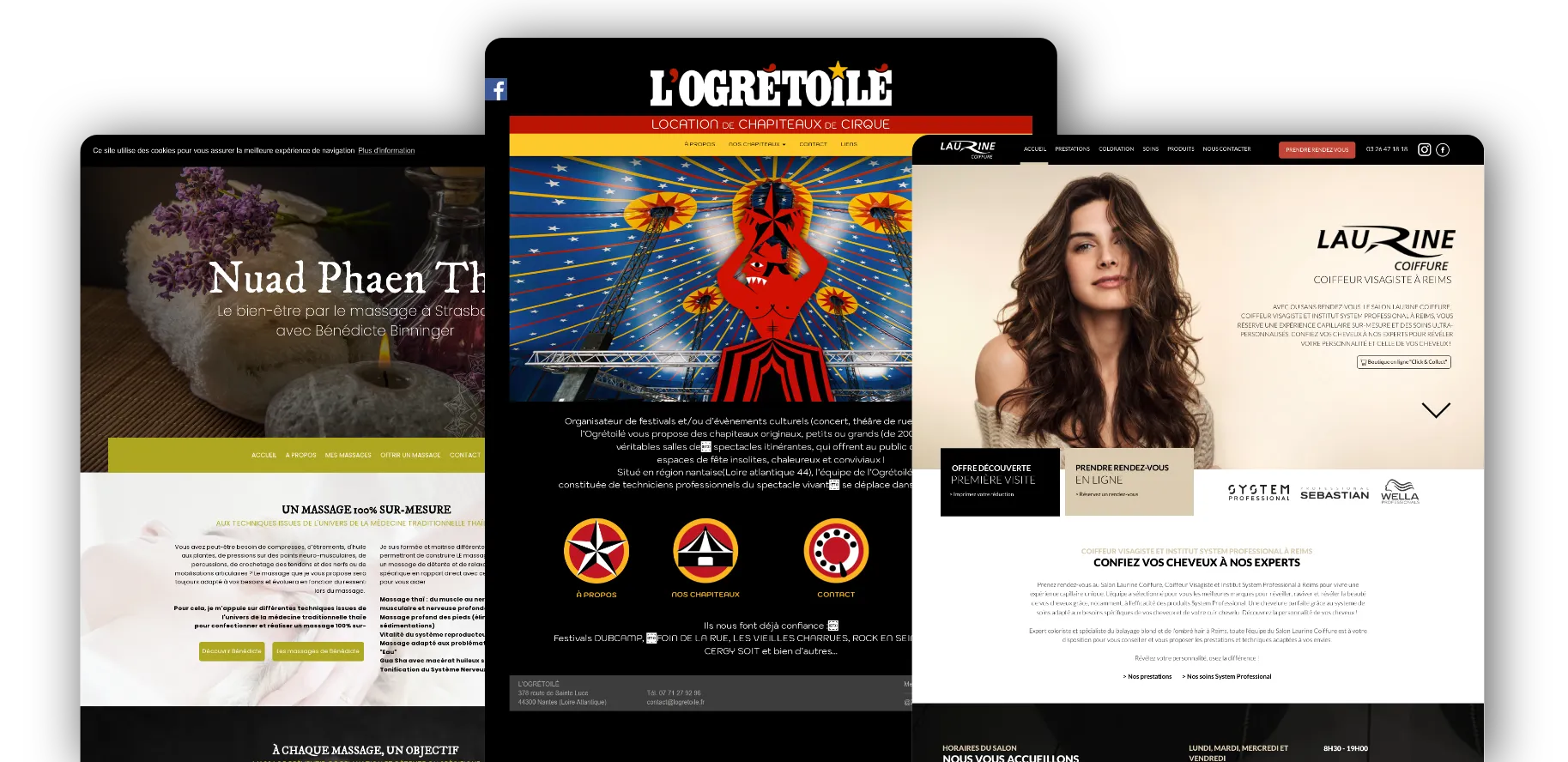 Trois sites créés avec WebAcappella : un institut de massage, un loueur de chapiteaux de cirque et un salon de coiffure.